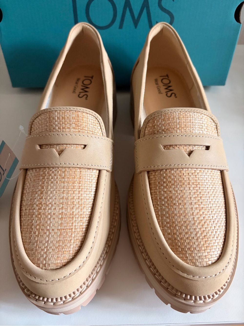 TOMS Women's Beige Leather Raffia Lug Sole Loafers - Picture 6 of 8